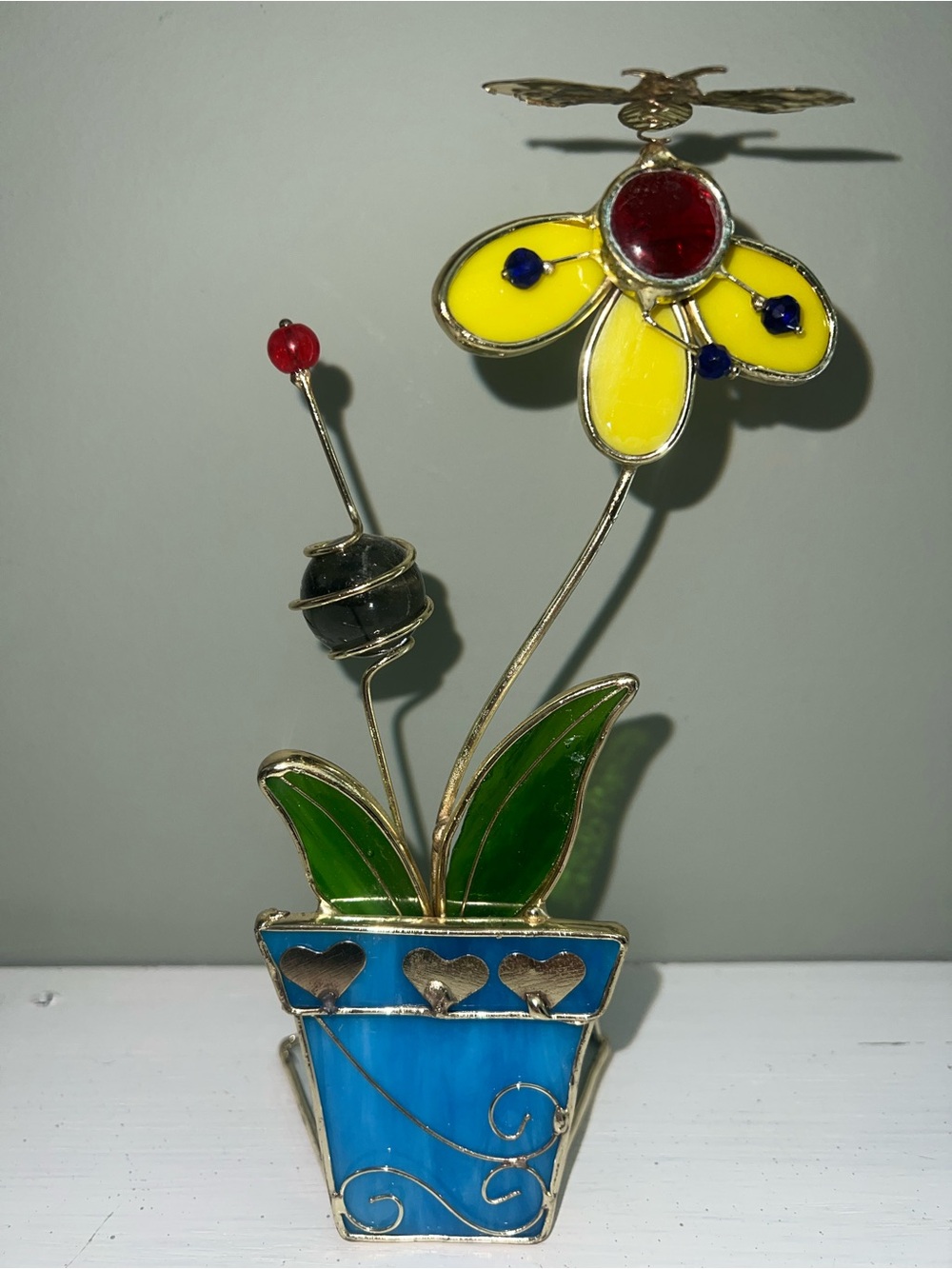 Stained Glass Freestanding Potted Flower Figurine Daisy Pot Metal Bee Suncatcher